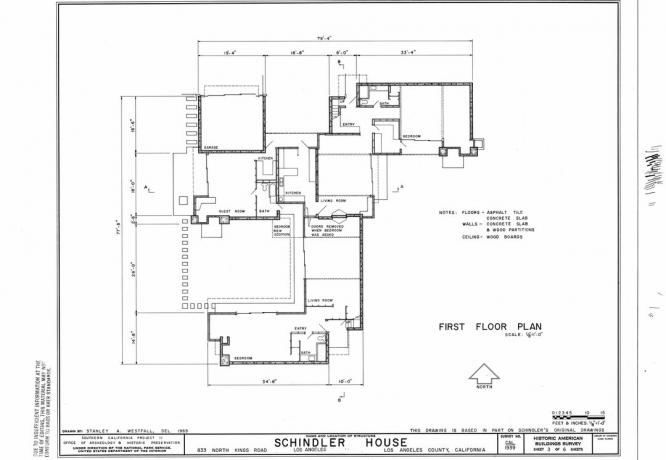 Grundriss des ersten Grundrisses des Schindler-Hauses von 1922 in Los Angeles, Kalifornien, gezeichnet von Stanley A. Westfall, 1969