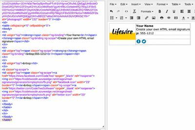 Eine HTML-Signatur (rechts) mit HTML-Code (links)