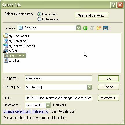 Screenshot der Suche nach der Sounddatei Dreamweaver