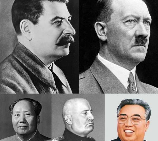 Collage totalitärer Führer (jede Reihe - von links nach rechts) Joseph Stalin, Adolf Hitler, Mao Zedong, Benito Mussolini und Kim Il-sung.