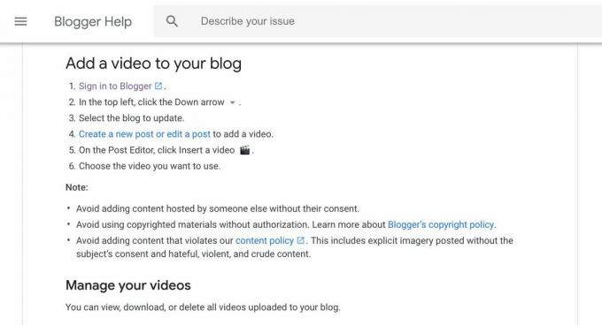 Blogger-Hilfeseite zum Hinzufügen von Videos zu Ihrem Blog