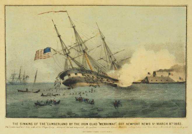 Eine Lithographie, die den verheerenden Angriff der CSS Virginia auf die USS Cumberland zeigt.