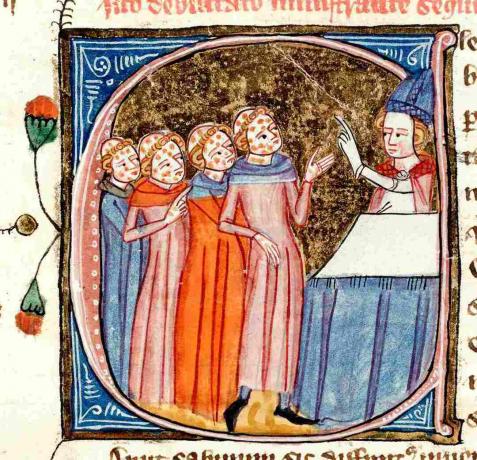 Von einem Priester gesegnete Pestopfer (Beleuchtetes Manuskript aus dem 14. Jahrhundert)