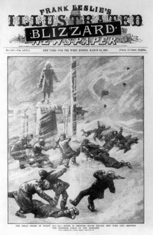 Der große Schneesturm, wie auf dem Cover einer illustrierten Zeitschrift im März 1888 abgebildet.