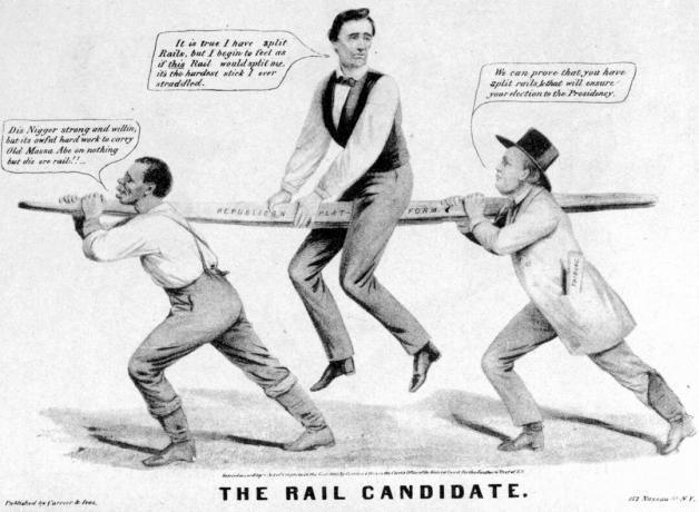Lincoln wurde in einem politischen Cartoon als Rail Candidate dargestellt.