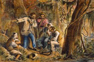 Farbzeichnung von Nat Turner und anderen Sklaven in einem Waldgebiet.