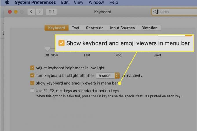 Die Einstellung "Tastatur- und Emoji-Viewer in der Menüleiste anzeigen"