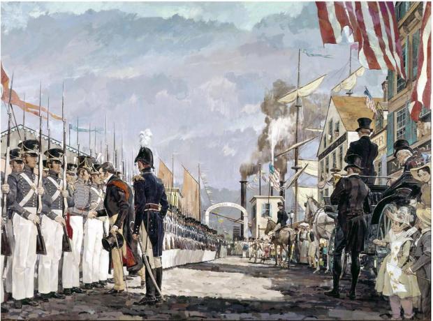 Ein Farbgemälde des Marquis de Lafayette, der 1825 die Nationalgarde in New York traf.