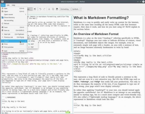 ReText, der Markdown-Editor, der Live-Vorschau und Exportoptionen anzeigt.