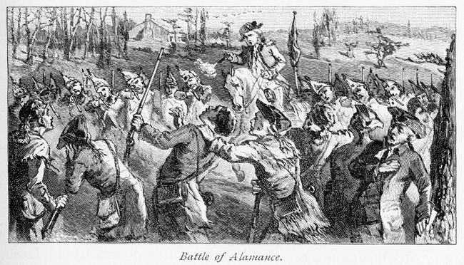 Die Milizen von Gouverneur Tryon feuern während der Schlacht von Alamance, der letzten Schlacht des Krieges der Regulierung, auf die Regulatoren.
