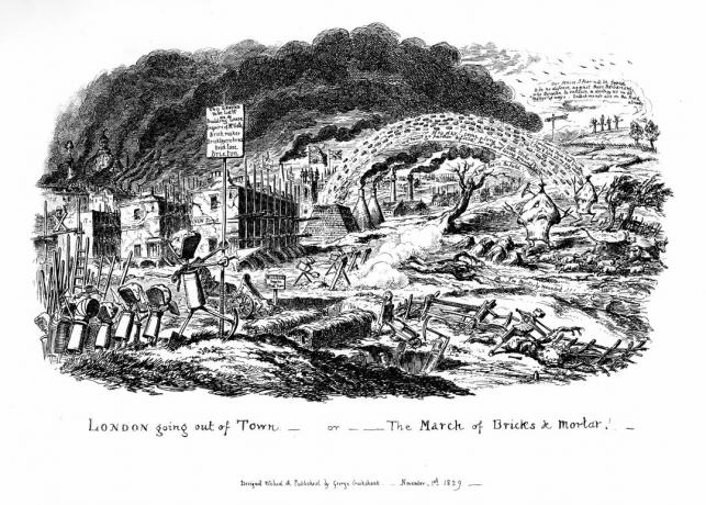 "London geht aus der Stadt - oder der Marsch der Ziegel und Mörtel", 1829. Künstler: George Cruikshank