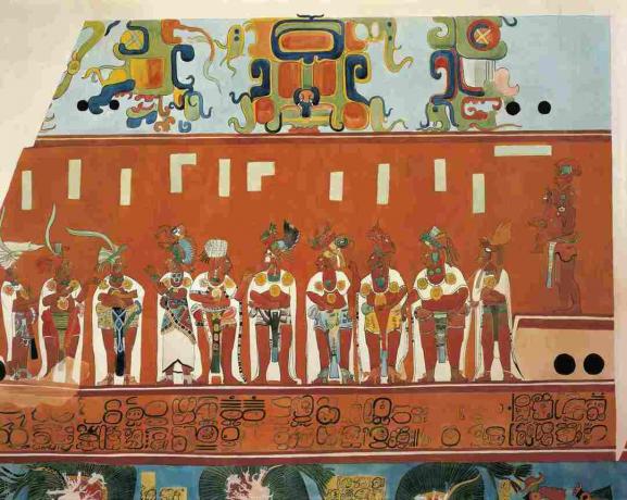 Fresken in Bonampak, Chiapas (Mexiko). Detail, das eine Szene eines Festes zeigt. (Wiederaufbau)