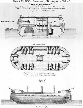 Zeichnung des dampfbetriebenen Kriegsschiffs Demologos des Erfinders Robert Fulton