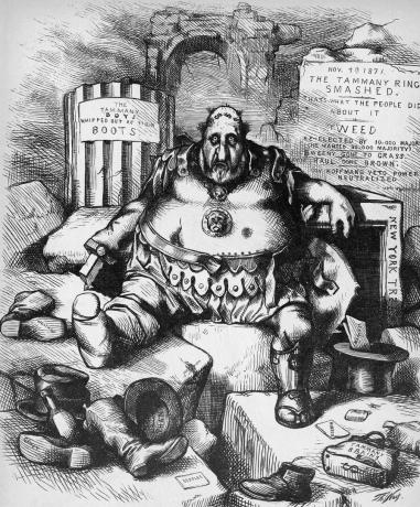 Thomas Nast Cartoon mit einem besiegten Boss Tweed im November 1871